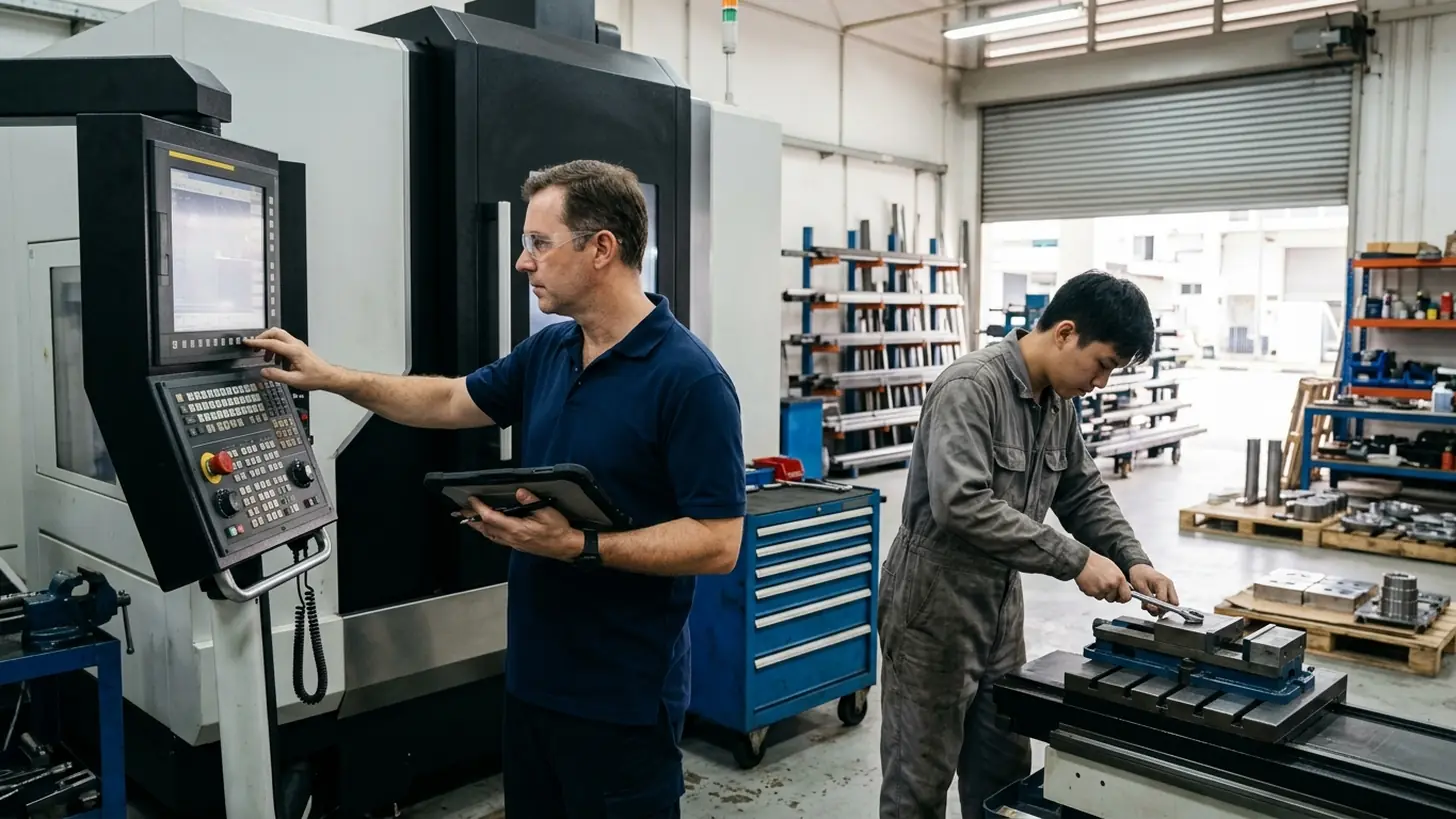 Workshop supervisor inspecting a newly installed CNC machine on a factory floor in Singapore