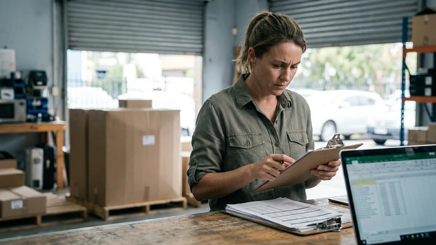 Small business owner reviewing an aged invoice ledger in a warehouse office in Singapore