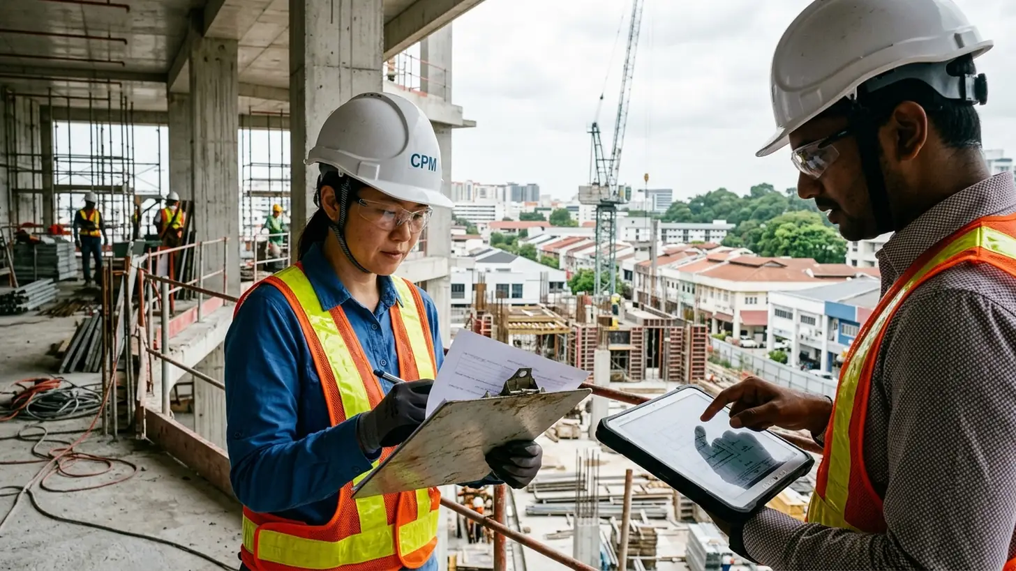 Construction project manager reviewing a progress claim on site at a partially completed commercial building in Singapore