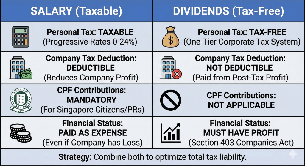 Salary vs Dividends Singapore Tax Comparison Table CPF Corporate Tax