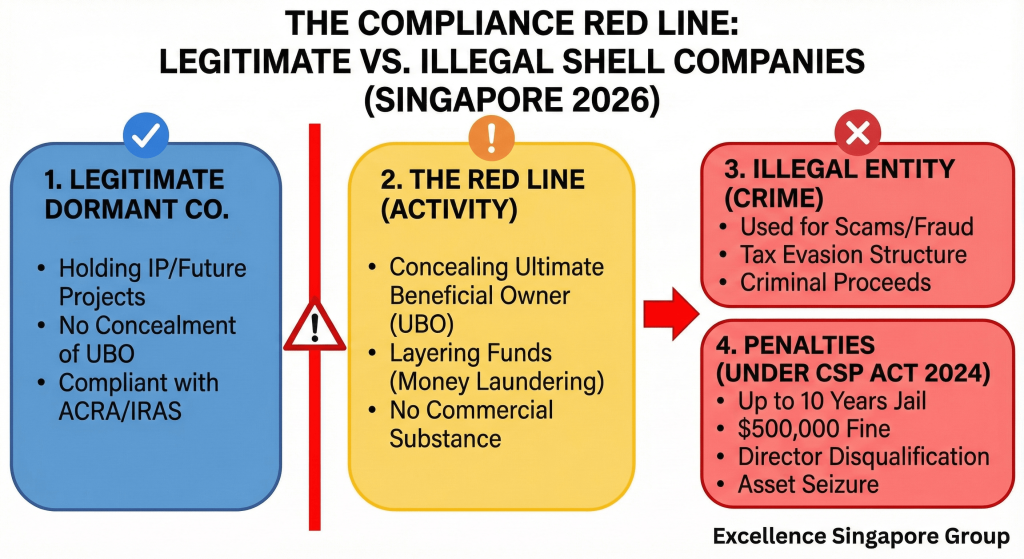 Flowchart showing the difference between legitimate dormant companies and illegal shell companies in Singapore 2026