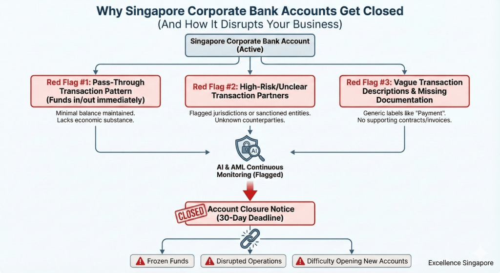 Chart showing the 3 main triggers for Singapore corporate bank account closures: Pass-through funds, undocumented transactions, and business profile mismatch.