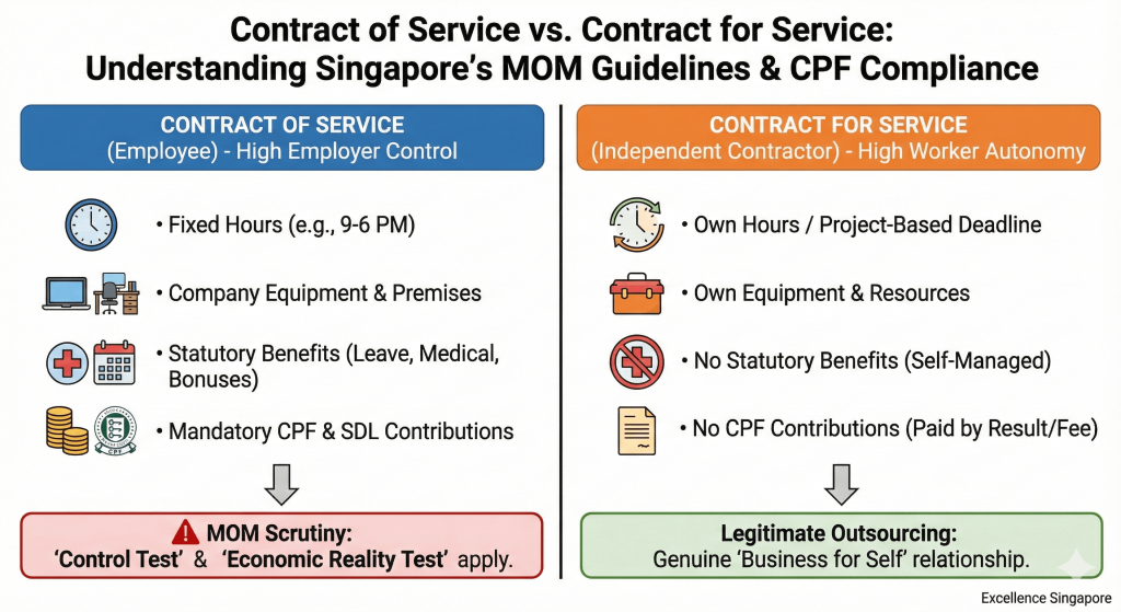 Comparison chart showing the difference between Contract of Service (Employee) and Contract for Service (Freelancer) in Singapore. Description: A side-by-side comparison.