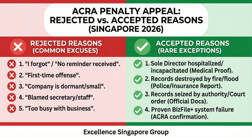 Infographic checklist comparing rejected excuses for ACRA late penalty appeals (e.g., didn't receive reminder, first offense) versus valid accepted reasons (e.g., court order, hospitalization) in Singapore 2026.