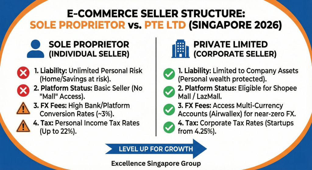 Infographic comparison chart illustrating the key differences between operating as a Sole Proprietor versus a Private Limited (Pte Ltd) company for e-commerce sellers on platforms like Shopee and Amazon in Singapore for 2026. It highlights benefits such as limited liability, 'Mall' status eligibility, and access to lower Airwallex FX fees for Pte Ltd structures.