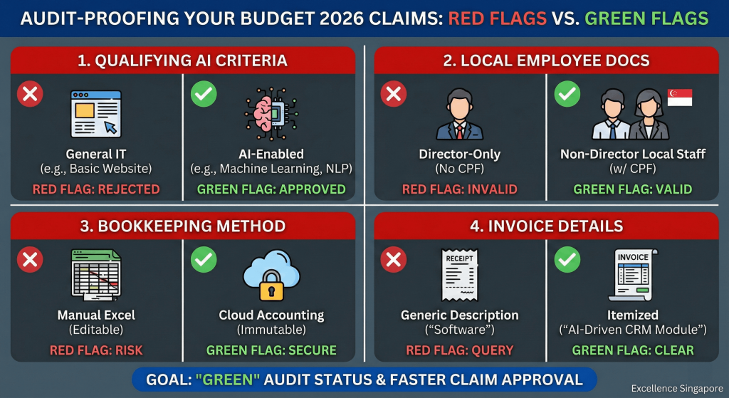 Infographic checklist for "Audit-Proofing" Budget 2026 claims: Qualifying AI criteria, Local Employee documentation, and the "Red Flags" IRAS looks for.