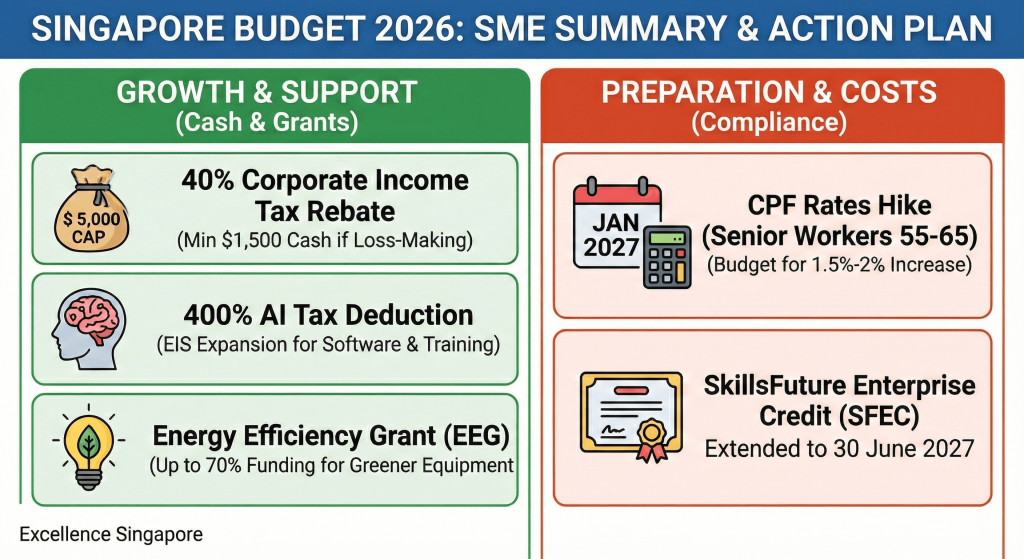 Infographic summarizing Singapore Budget 2026 key changes: 40% Tax Rebate, CPF Hike 2027, and 400% AI Tax Deduction.