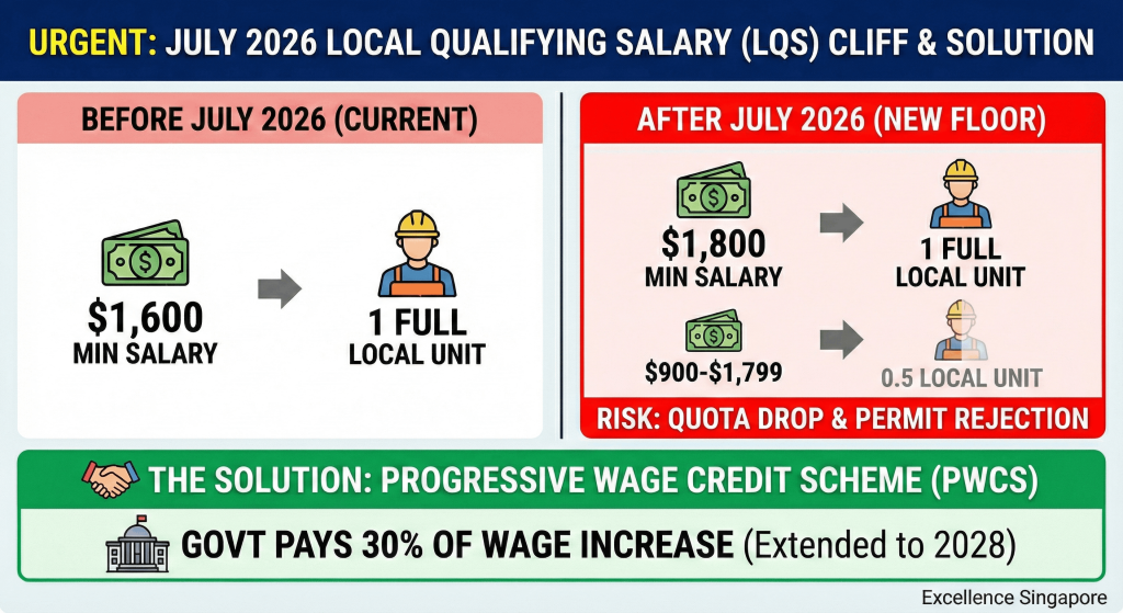 Infographic showing the Singapore LQS hike to S$1,800 in July 2026 and the 30% PWCS co-funding benefit for SMEs.