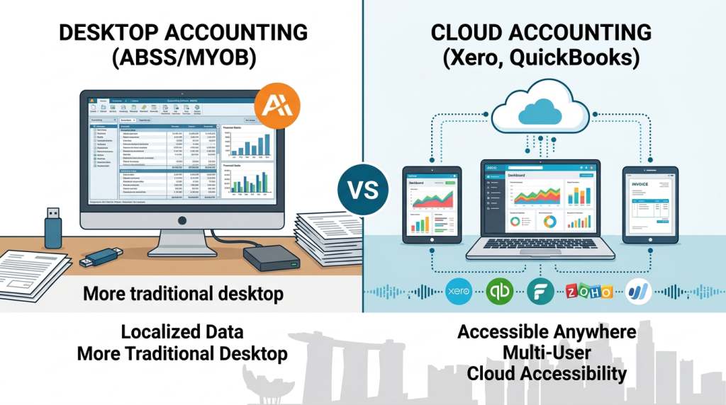 Desktop accounting software ABSS compared to cloud-based Xero interface
