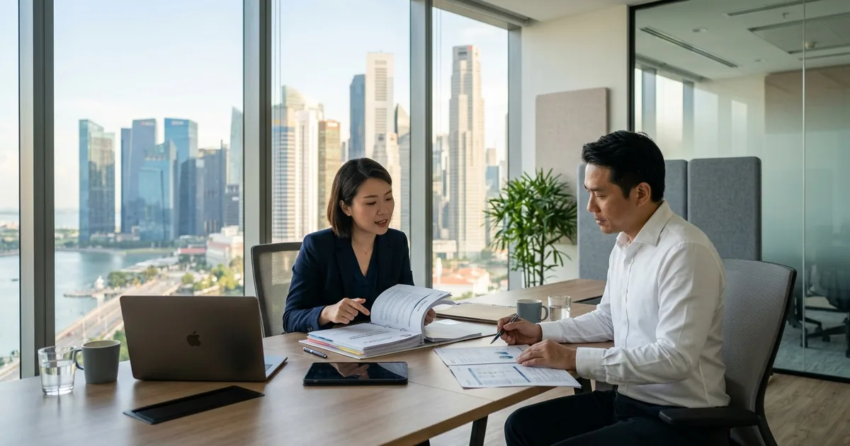 Professionals reviewing corporate compliance documents in Singapore office with CBD skyline