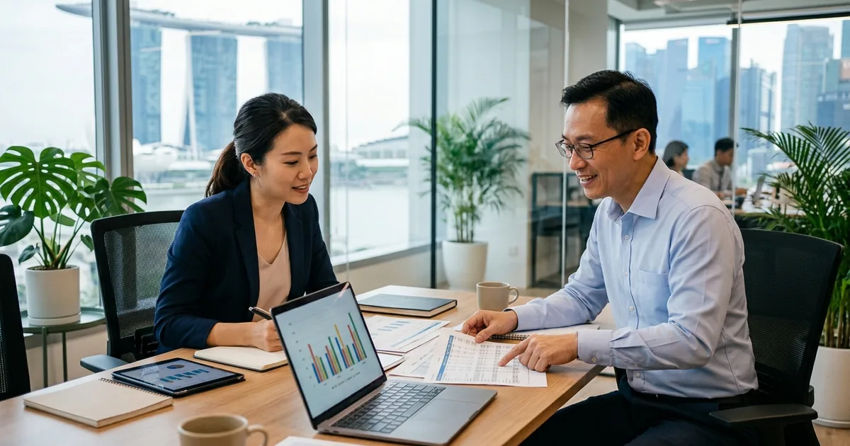 Business owner reviewing financial reports with accountant in Singapore office
