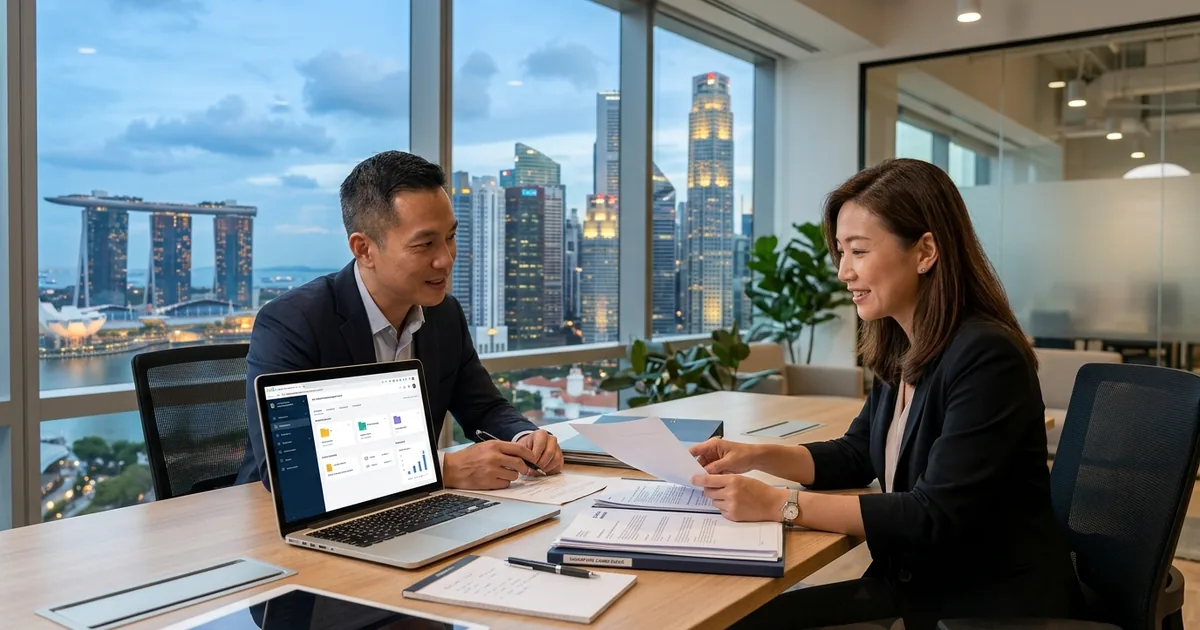 Corporate advisor reviewing compliance documents with business owner in Singapore office