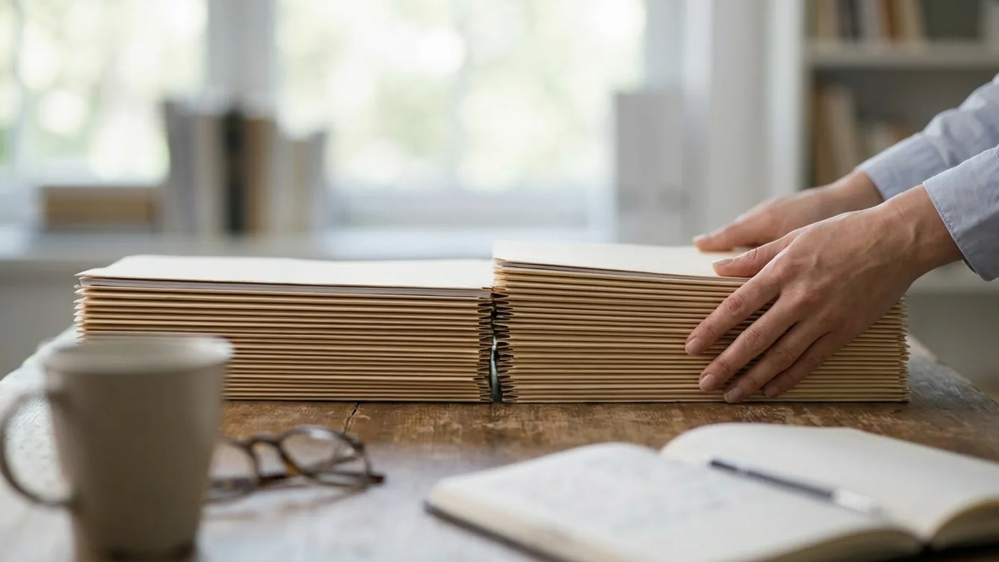 Two stacks of document folders being combined into one on a wooden desk, a visual metaphor for company amalgamation in Singapore.