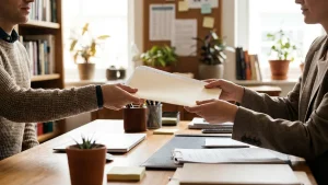 Two professionals at a tidy desk handing a folder of documents across in a payroll outsourcing handover, representing in-house versus outsourced payroll in Singapore.