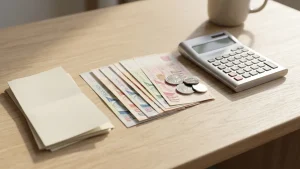 Top-down flat lay of Singapore dollar banknotes and coins beside a desktop calculator and printed documents, illustrating payroll outsourcing cost for Singapore SMEs.