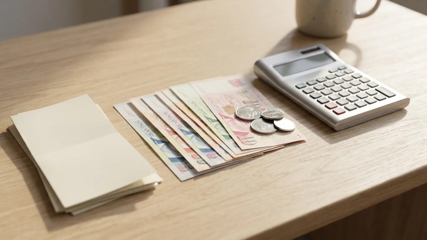 Top-down flat lay of Singapore dollar banknotes and coins beside a desktop calculator and printed documents, illustrating payroll outsourcing cost for Singapore SMEs.