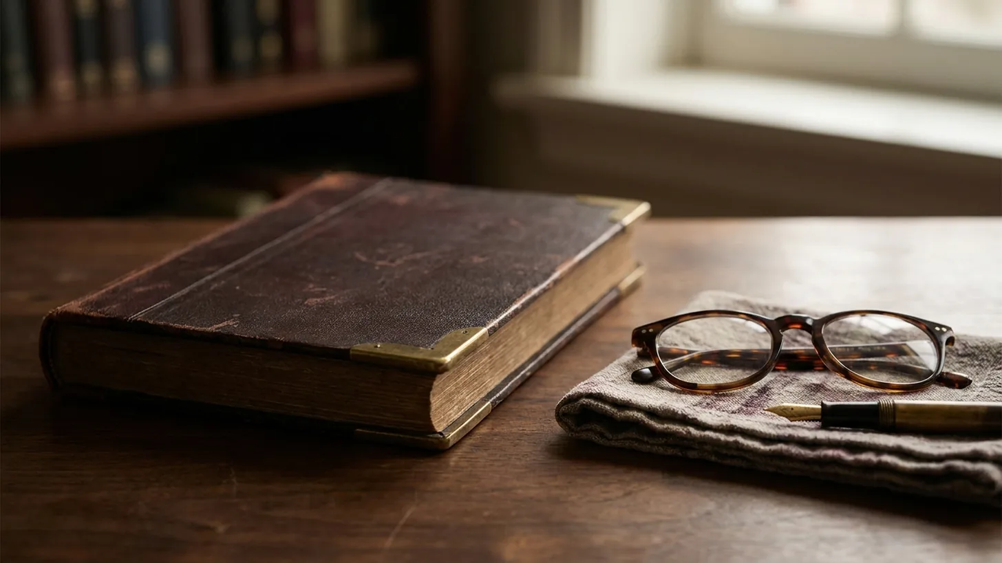 A closed leather-bound legal book with reading glasses and a fountain pen on a walnut desk, illustrating the Singapore Companies Act