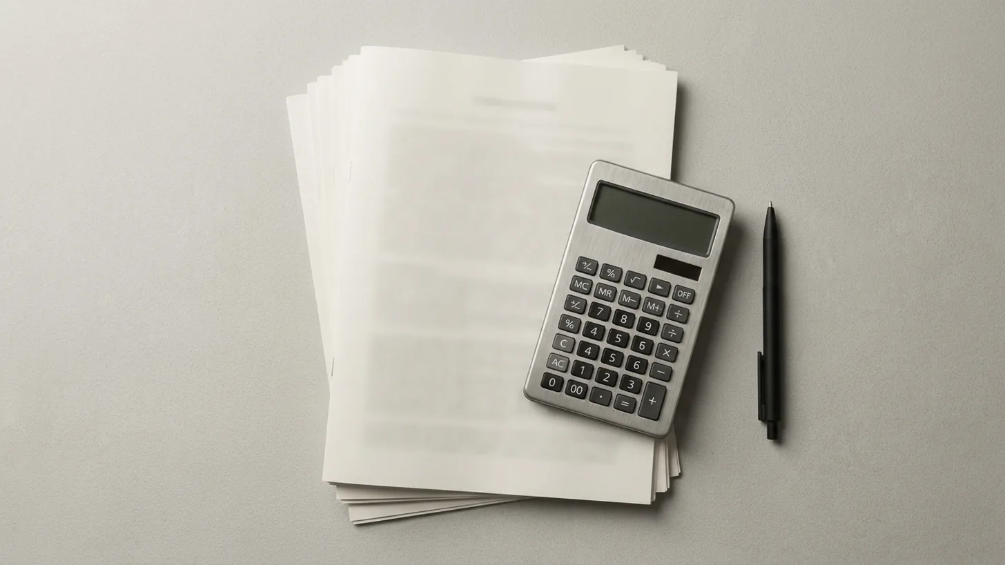 A neat stack of report pages with a silver calculator and pen, depicting the Singapore Financial Reporting Standards (SFRS).