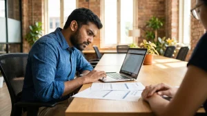 Foreign professional on an Employment Pass reviewing incorporation documents for a new Singapore company at a co-working space.