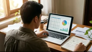 Startup founder studying an ownership spreadsheet with pie and bar charts on a laptop while planning his cap table.