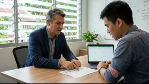 Fractional CFO reviewing a printed cash-flow report with a Singapore SME owner in a bright meeting room.