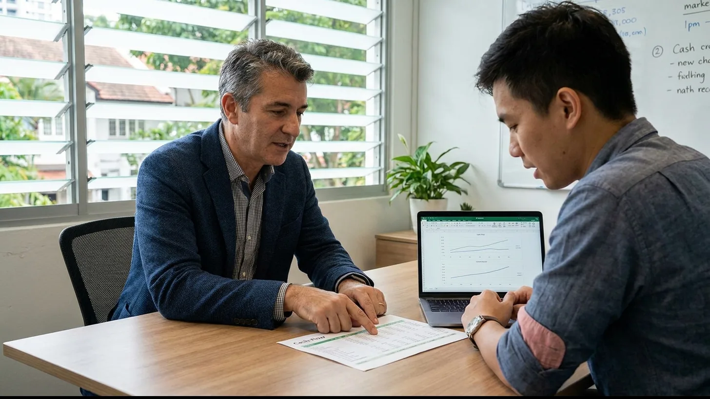 Fractional CFO reviewing a printed cash-flow report with a Singapore SME owner in a bright meeting room.