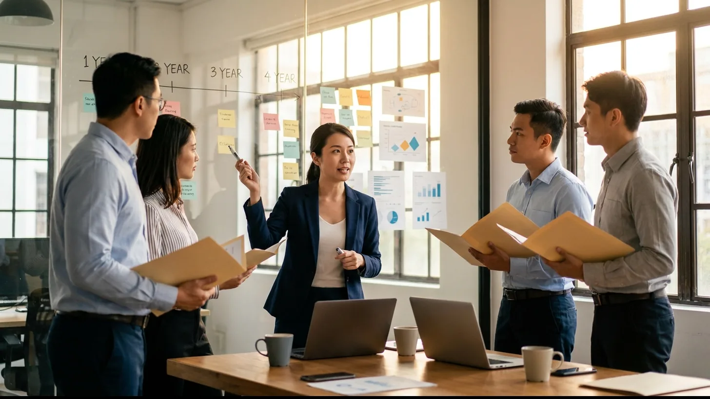 Startup founder explaining a four-year vesting timeline on a glass wall to her team in a Singapore loft office.