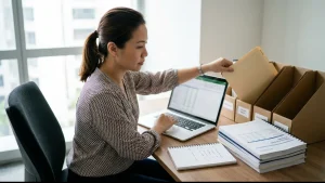 Startup operations manager organising labelled document folders and financial statements to prepare an investor data room.