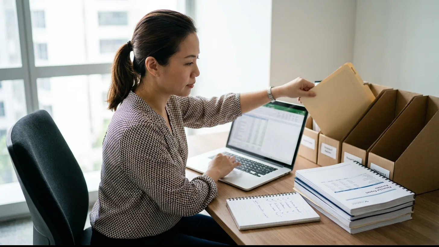Startup operations manager organising labelled document folders and financial statements to prepare an investor data room.