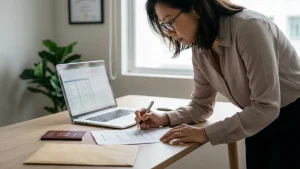 HR manager reviewing final salary and tax clearance documents for a departing foreign employee in a Singapore office.
