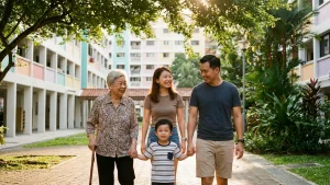 Multigenerational family walking together in a Singapore residential neighbourhood, representing Long-Term Visit Pass holders joining family here.