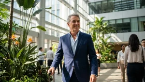 International executive walking through a modern Singapore office lobby with a cabin suitcase, representing top-talent passes such as the ONE Pass.