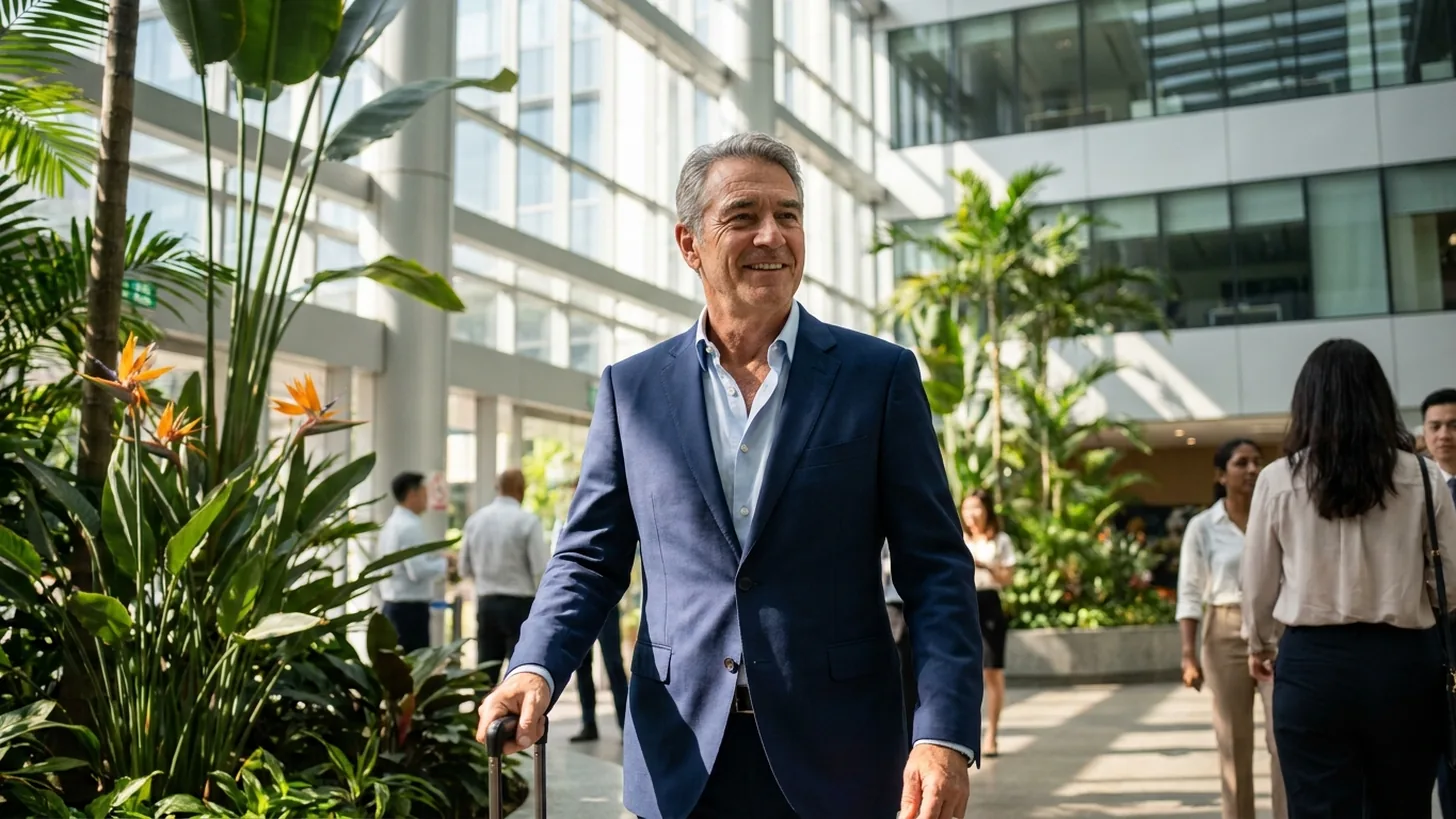 International executive walking through a modern Singapore office lobby with a cabin suitcase, representing top-talent passes such as the ONE Pass.