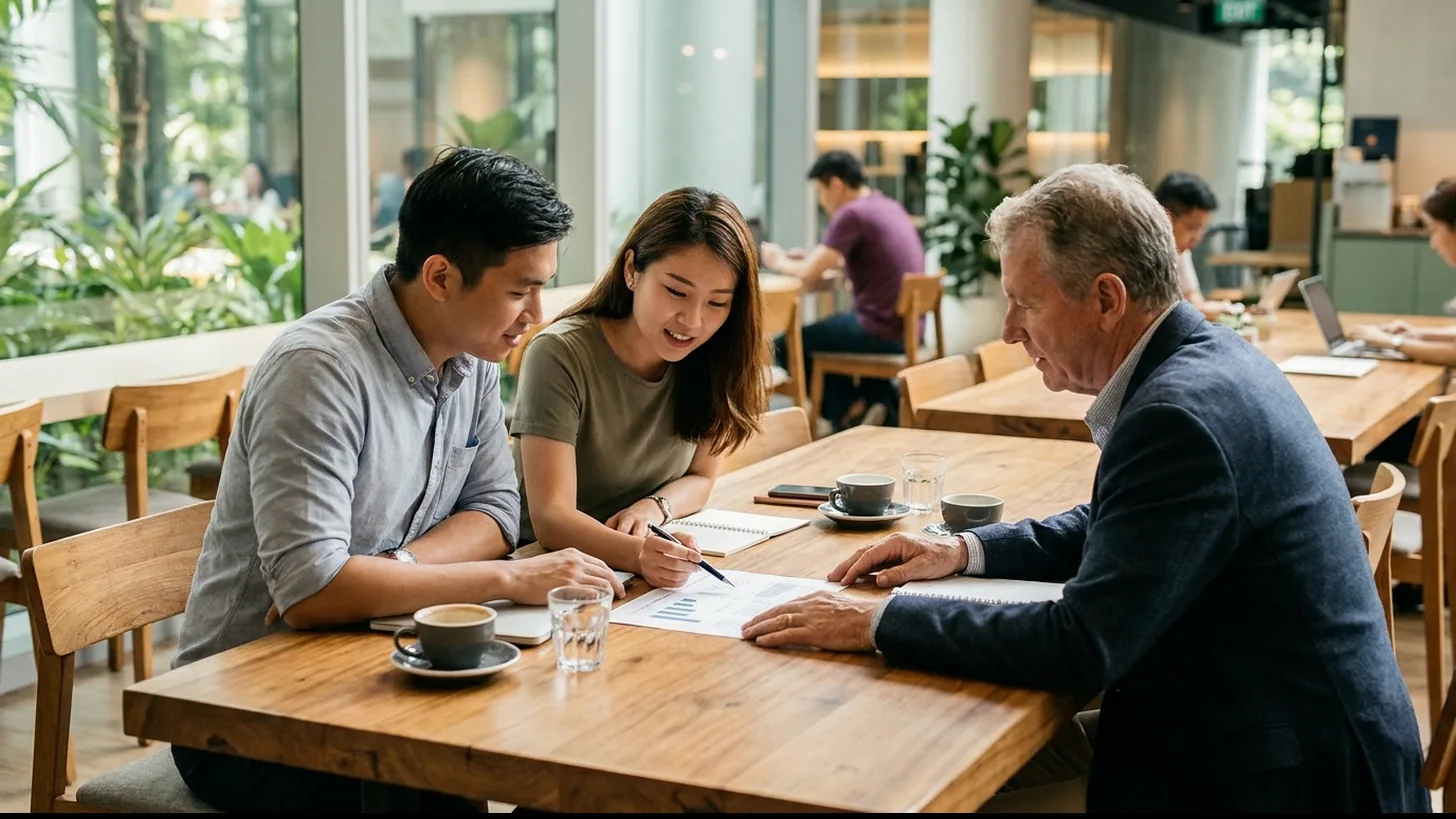 Two startup founders and an investor reviewing a term sheet together at a wooden table in a Singapore co-working space.