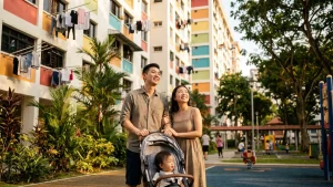 Young family with a stroller at a modern Singapore HDB estate, representing life as new permanent residents.