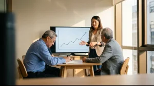 Singapore startup founder presenting a growth chart on a screen to two investors in a co-working meeting room.