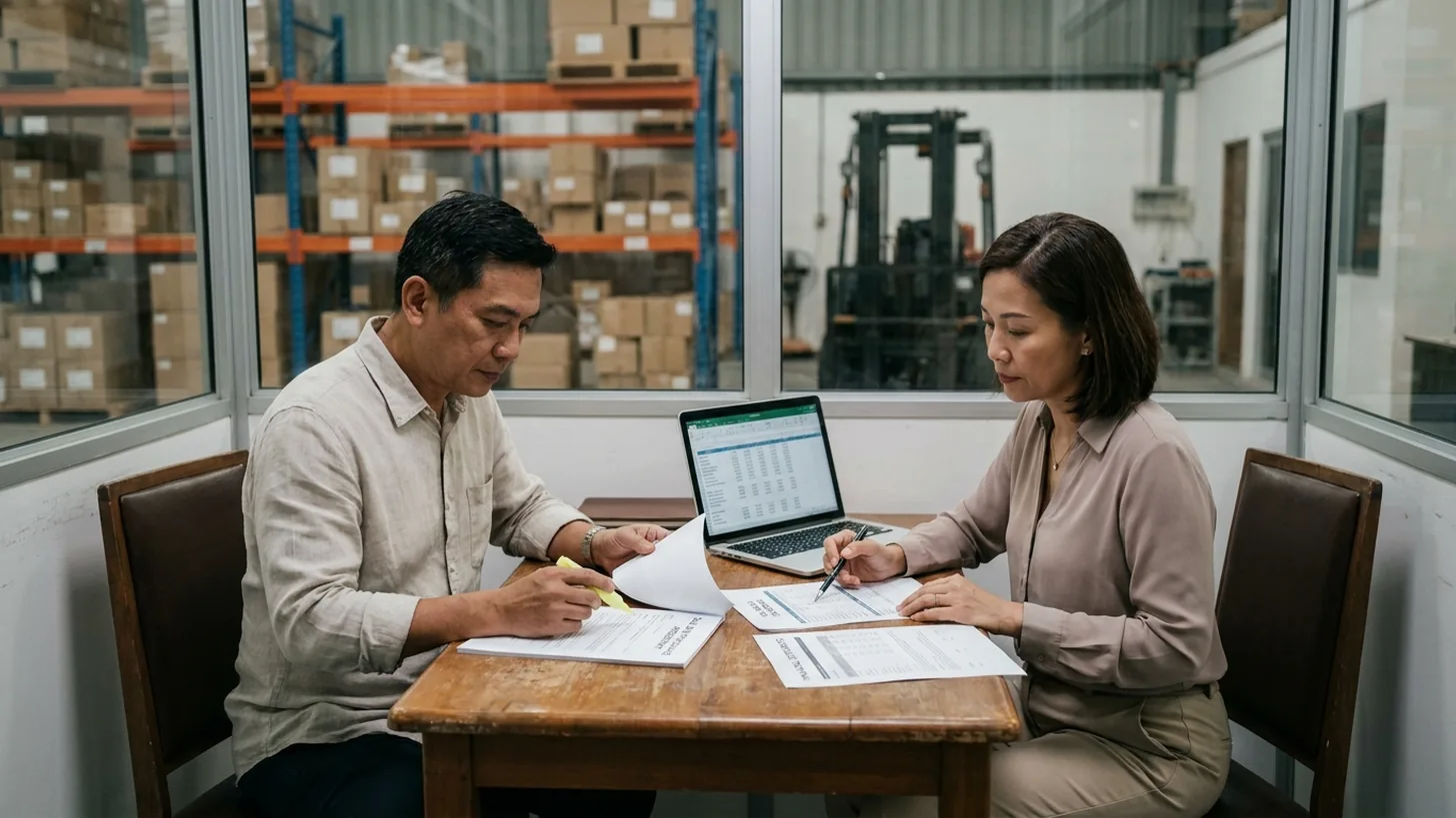 Two business owners at a wooden table in a warehouse office reviewing a printed sale agreement and financial statements beside a laptop