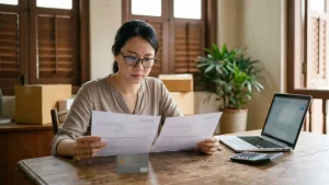 Singapore small business owner comparing business bank account options on a laptop at a shophouse office table