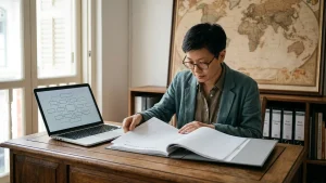 Singapore business owner reviewing a company register and an ownership chart for an offshore holding company at a desk in a shophouse office