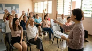 Members of a Singapore community association raising their hands to vote at a meeting in a community centre hall while the organiser counts on a clipboard