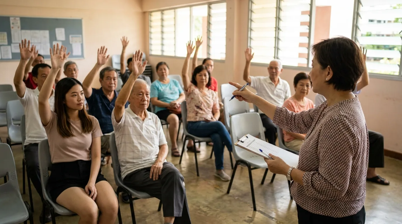 Members of a Singapore community association raising their hands to vote at a meeting in a community centre hall while the organiser counts on a clipboard