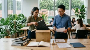 Two co-founders at a co-working table unpacking a returned archive box of company binders, a minute book and a company stamp
