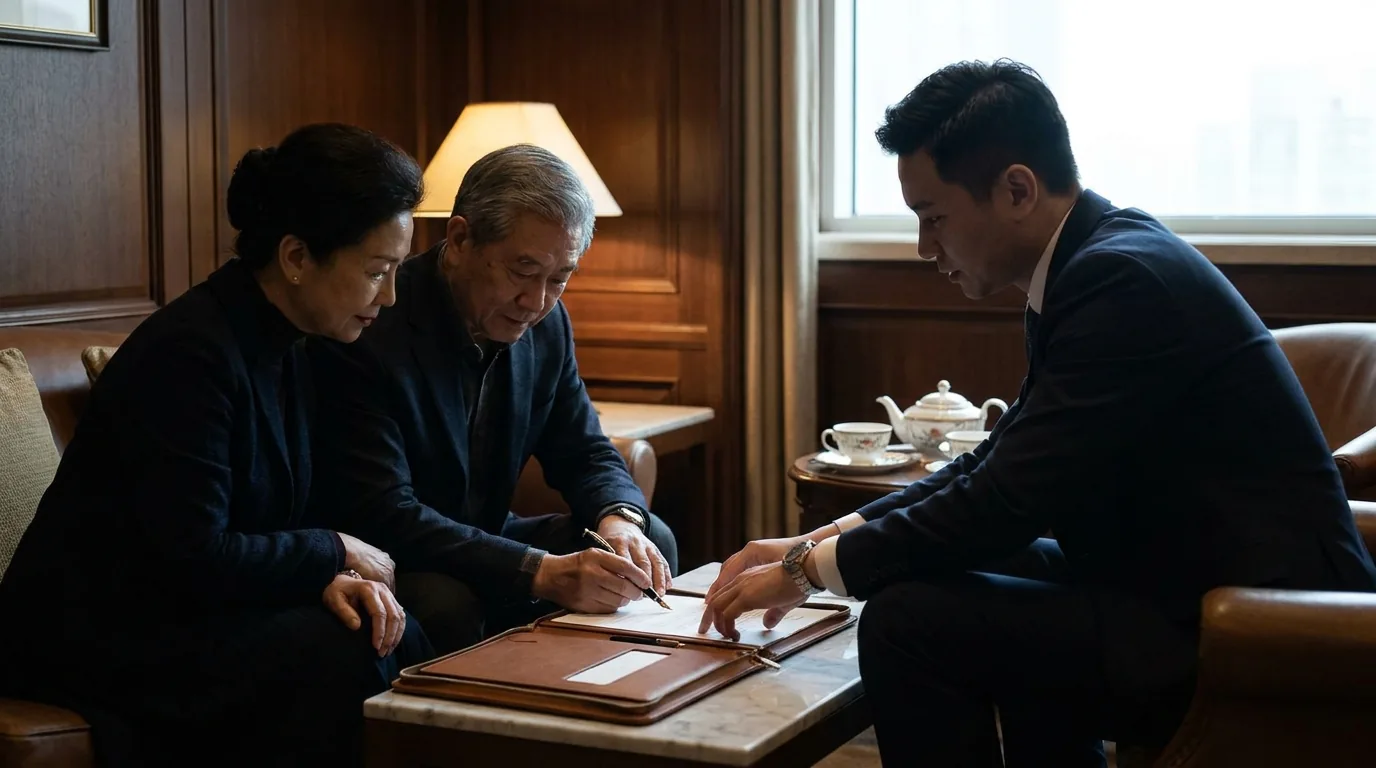 An older couple reviewing account papers in a leather folio with a relationship manager in a wood-panelled private client suite