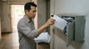 A business owner in a building corridor pulling an official envelope from an overstuffed company letterbox while holding a bundle of unopened mail