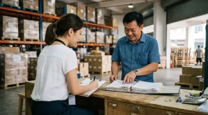 A warehouse owner showing a box file of invoices and shipping documents to a tax officer taking notes at a counter, with stacked cartons behind