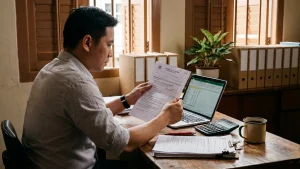 Singapore small business owner at a shophouse office desk comparing a printed GST return, one figure circled in red, against a spreadsheet on his laptop, with supplier invoices, a calculator and a mug of coffee
