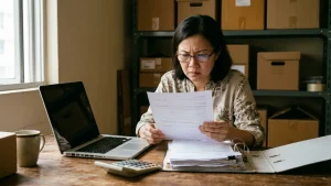 Singapore small business owner at her shop office desk reading a letter beside a laptop, a calculator and a binder of receipts