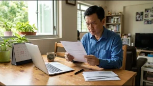Singapore business owner at a dining table at home reading a printed letter, with a laptop, a calendar with a date circled in red and a stack of envelopes
