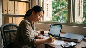 Singapore finance manager at a desk in a shophouse office, comparing a printed financial statement with a spreadsheet on a laptop and marking a line with a yellow highlighter