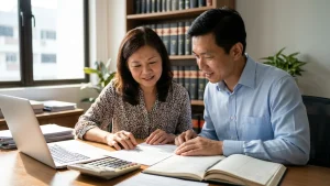 Bookkeeper and lawyer reviewing a monthly client account reconciliation at a small Singapore law practice